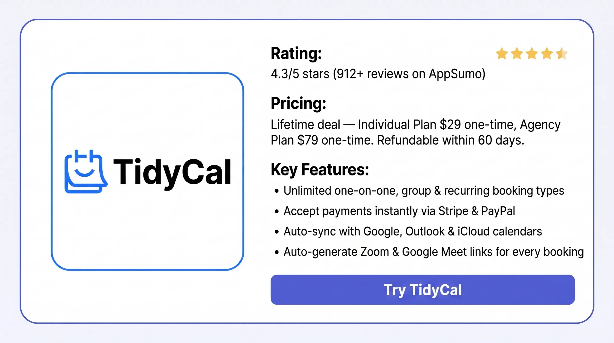 Features of the TidyCal Lifetime Deal