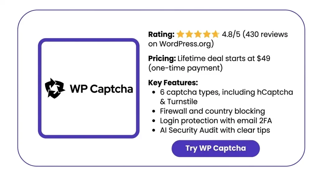 Features of the WP Captcha Lifetime Deal