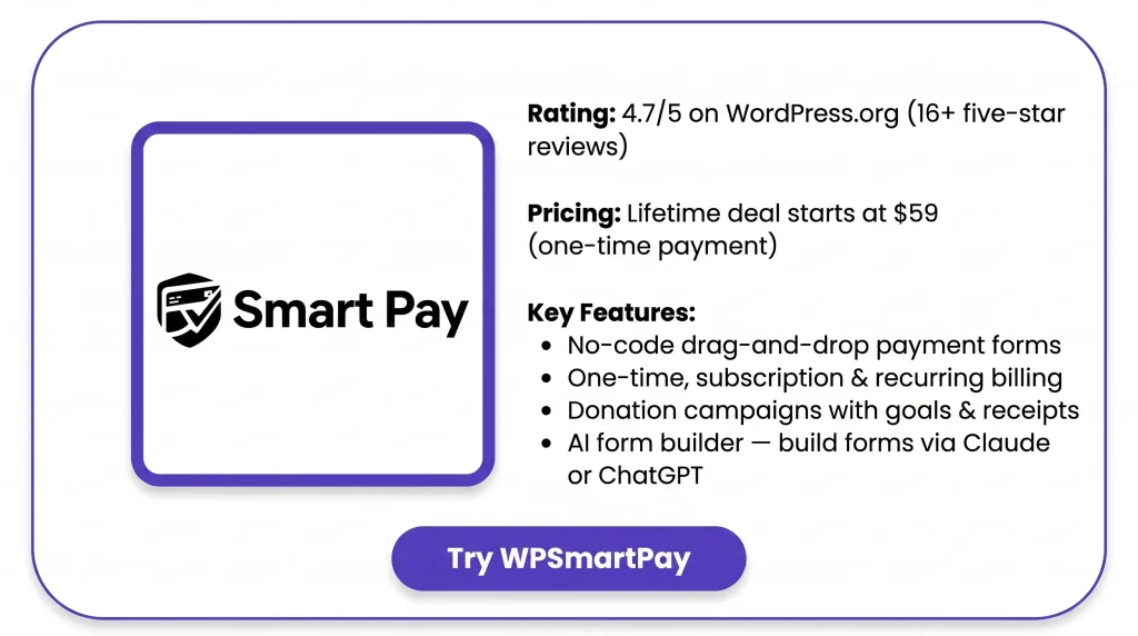 Features of the WPSmartPay Lifetime Deal